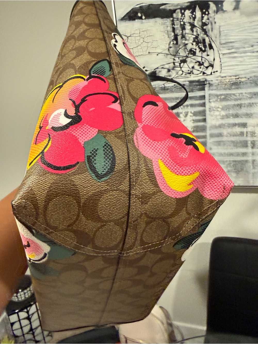 Coach Brown Signature Canvas Tote with Pink Floral Accents - Picture 8 of 9